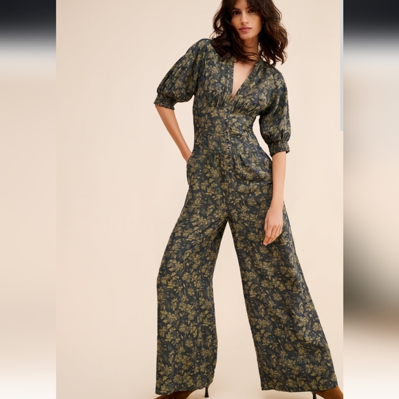 Anthropologie Pants - Anthropologie Floral Jumpsuit in Blue and Olive